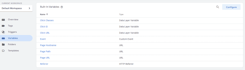 Built-in variables list