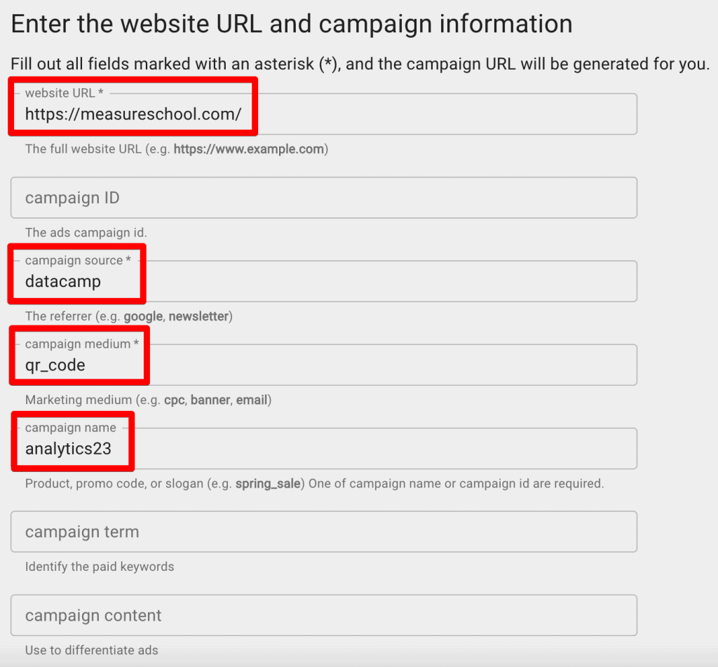 Campaign URL builder filled with details