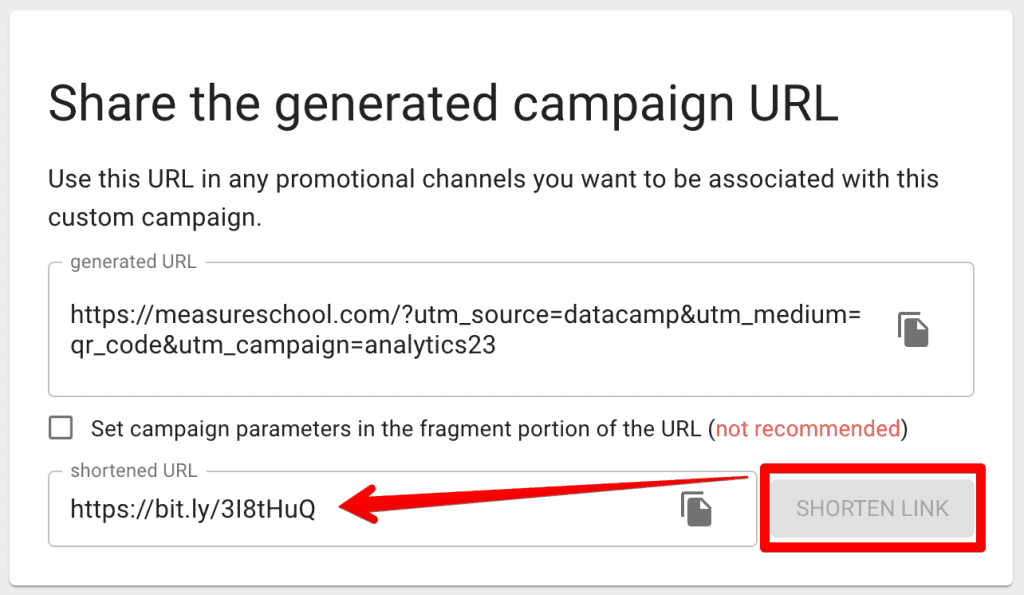 Campaign builder showing shortened URL