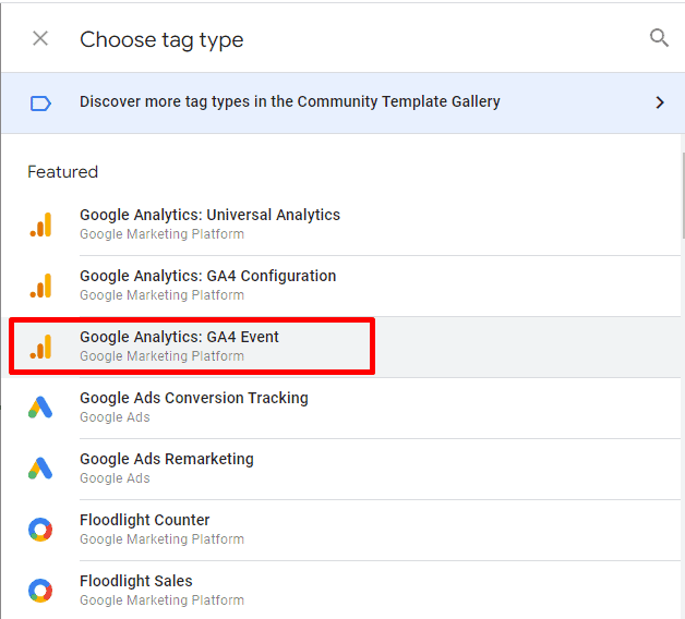 Choosing GA4 Event tag type in Google Tag Manager