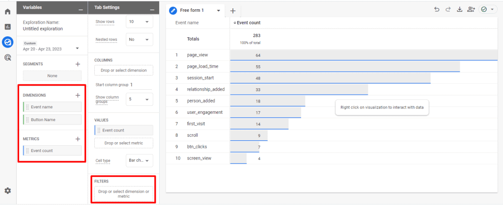 Choosing the list of dimensions within the exploration section (GA4) to build the custom events report