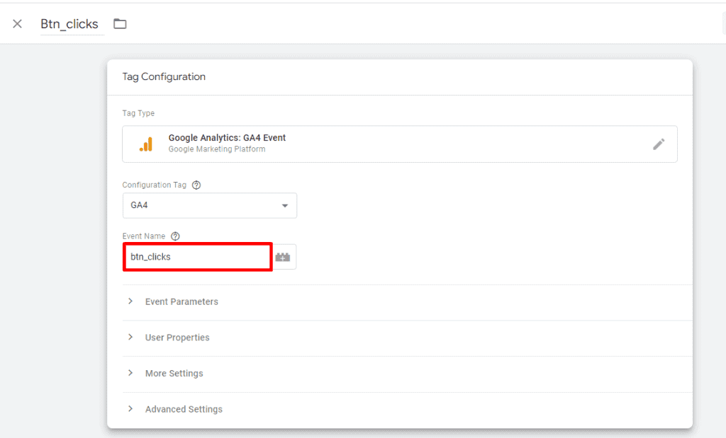 Choosing the unique event name in tag configuration
