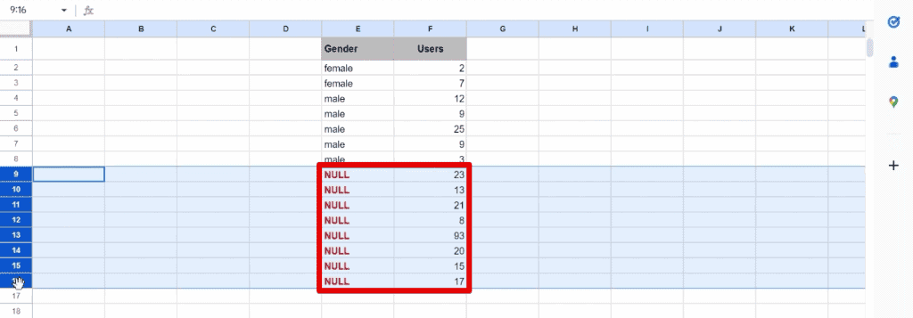 Deleting rows with null values