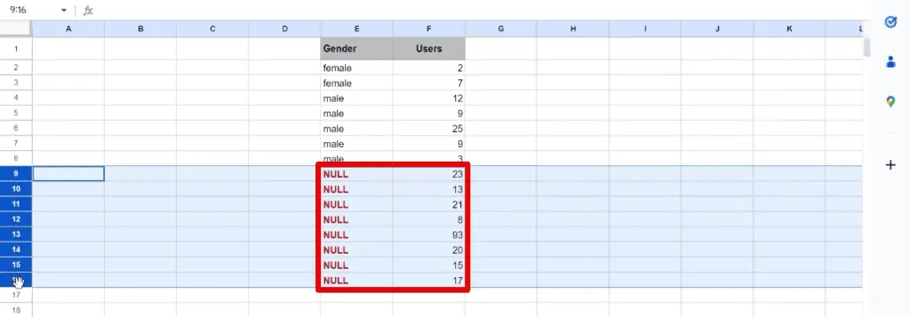 Deleting rows with null values