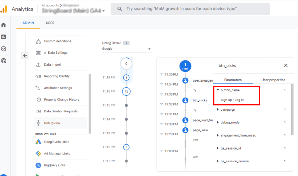 Displaying of custom button names parameters within Debug View of GA4