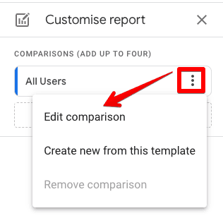 Edit comparison icon leading to customize report settings in GA4’s realtime report