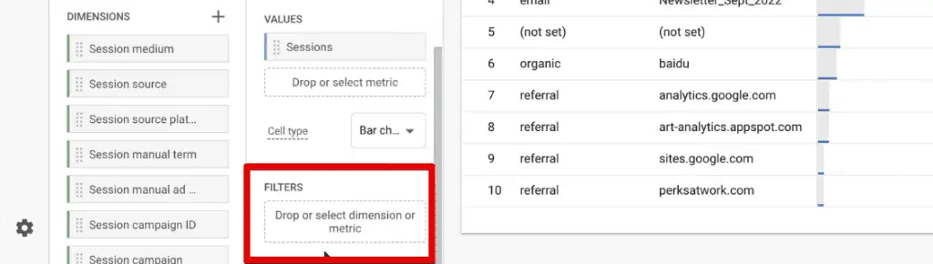 Filters section in the exploration report