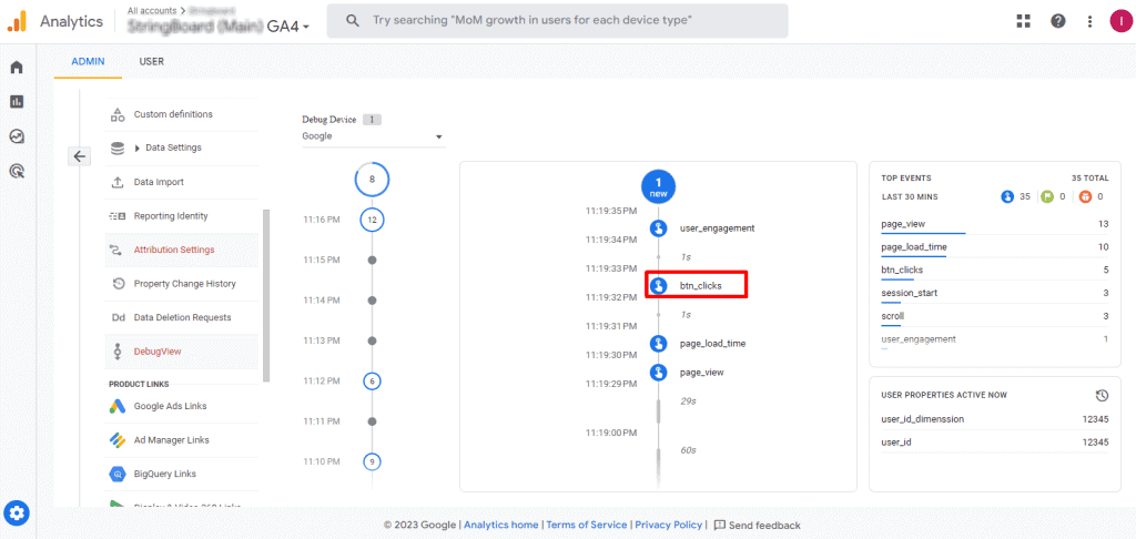 Fired custom event of button clicks in Debug View of GA4
