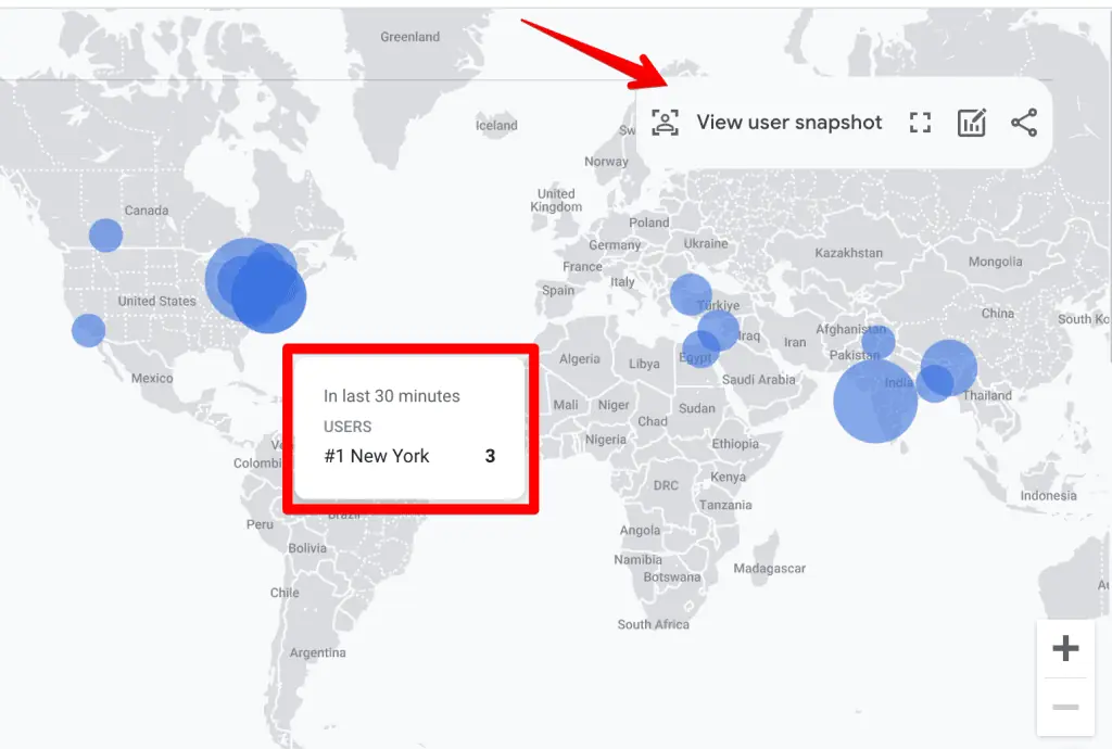 GA4 realtime report map hovering showing users in that city