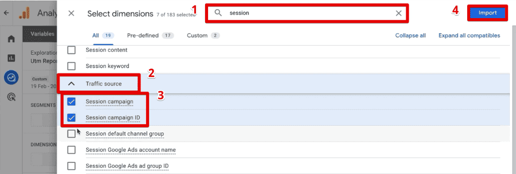 Inserting the UTM parameters dimensions into the exploration report