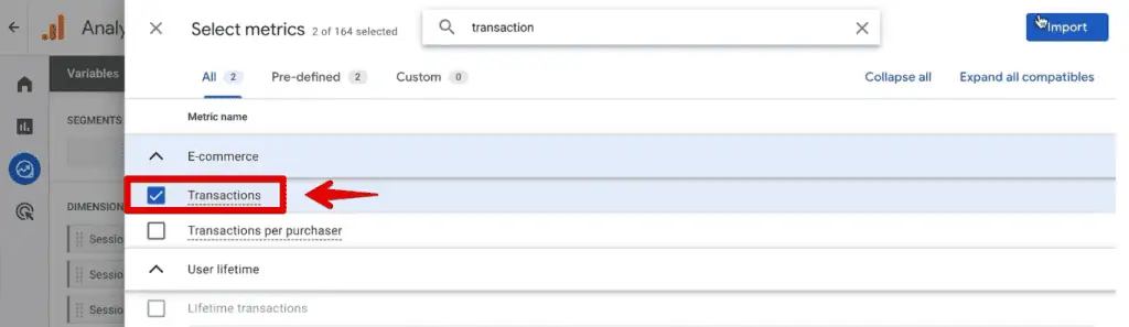 Inserting the transactions metric into the exploration report