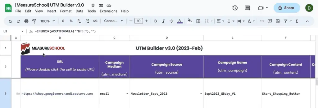 MeasureSchool UTM builder sheet