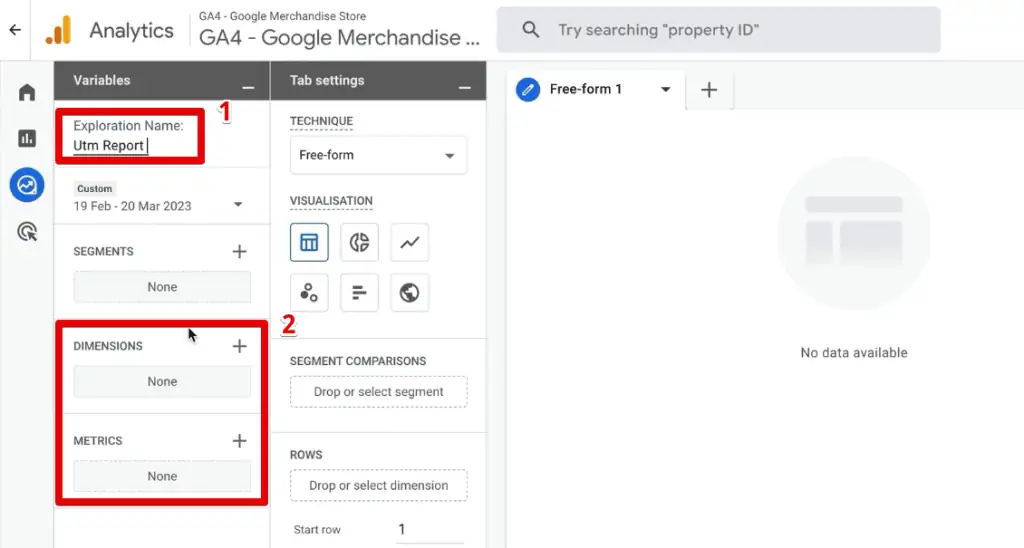 Naming the exploration report, and the dimensions and metrics section