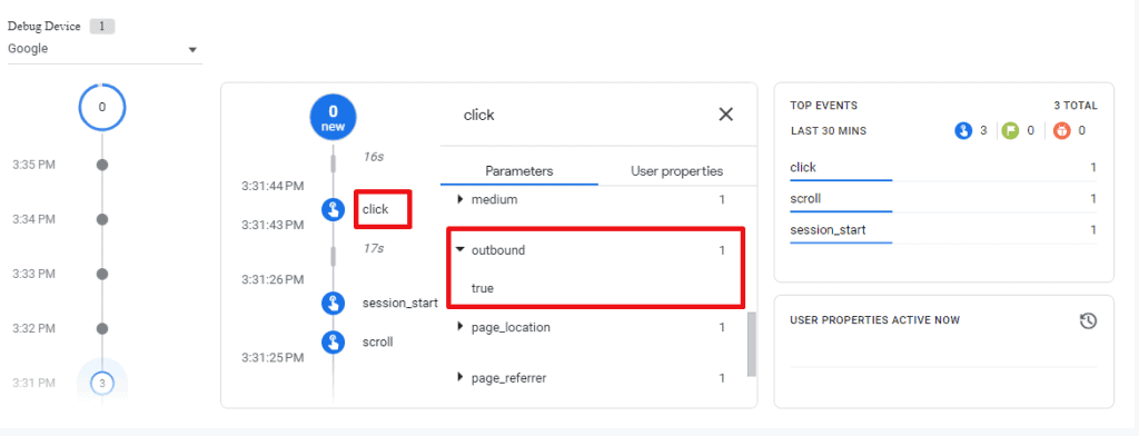 Outbound click equals true within debug view