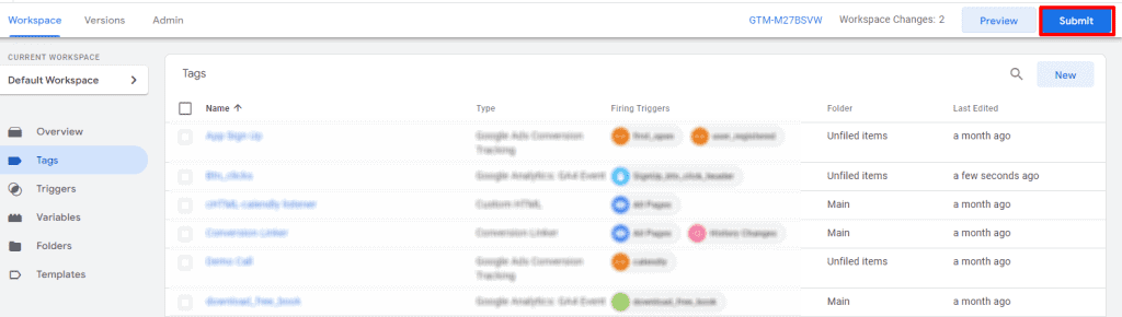 Publishing Google Tag Manager container