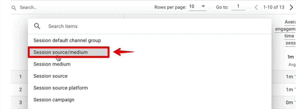 Selecting session source/medium as the primary dimension