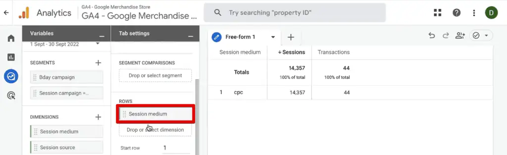 Using the session medium dimension as the comparison for the segments