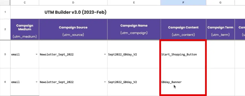 utm_content values in the UTM builder