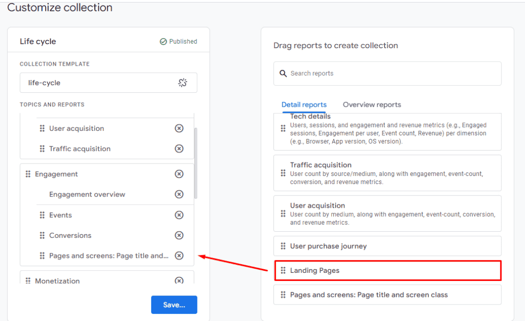 Choosing the newly created landing pages report