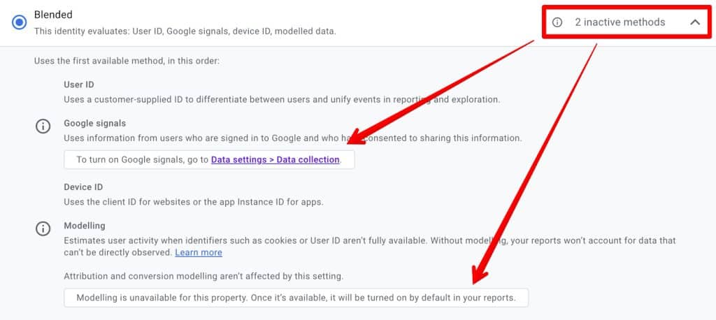 Clicking on downward arrows in GA4 reporting identity interface shows more information