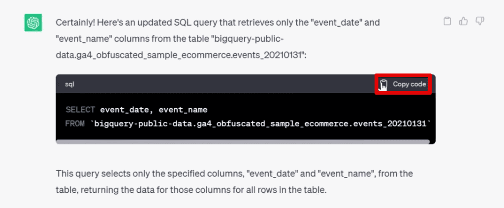 Copying the code for retrieving the event_date and event_name columns