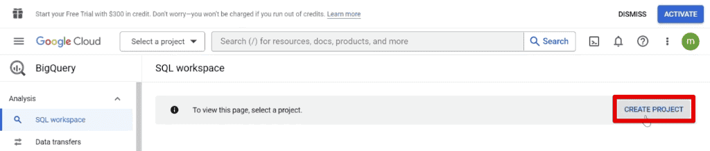 Creating a new project in the BigQuery SQL workspace