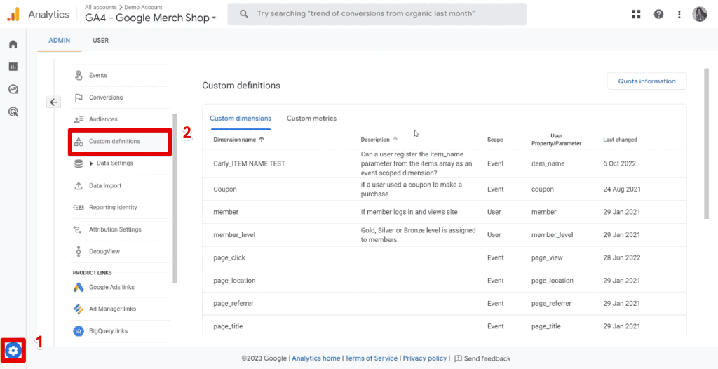 Custom definitions in GA4