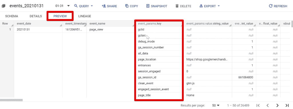Key field column in the preview tab