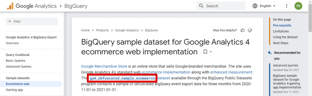 Opening the GA4 sample dataset from the Google Analytics documentation