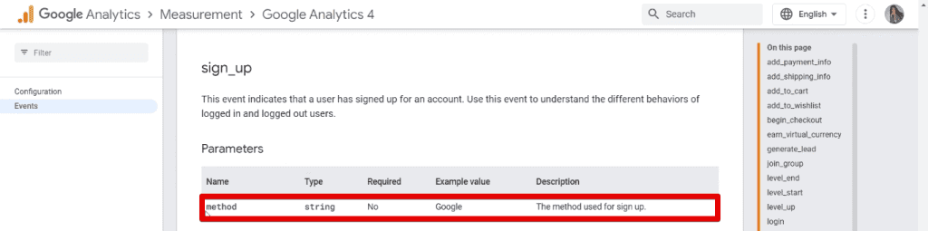 Recommended parameters for the sign-up event