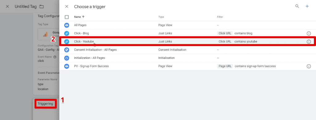 Selecting the youtube click trigger