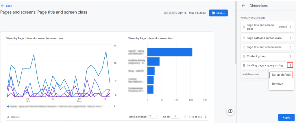 Set up the landing page dimension as the default