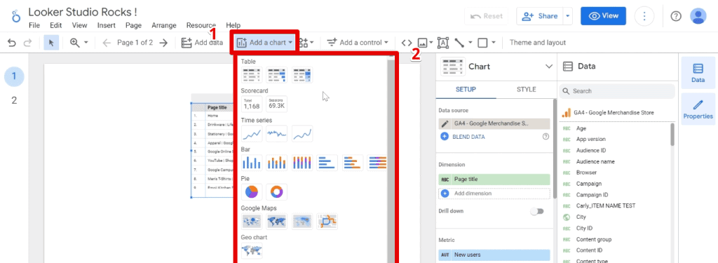 Adding charts through the toolbar