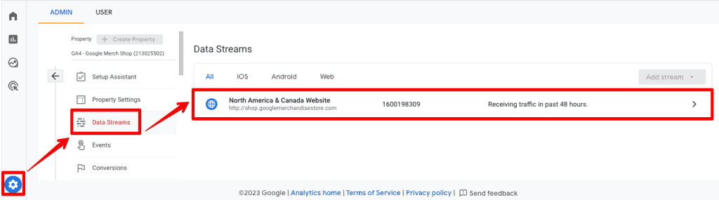 Admin and data streams in GA4