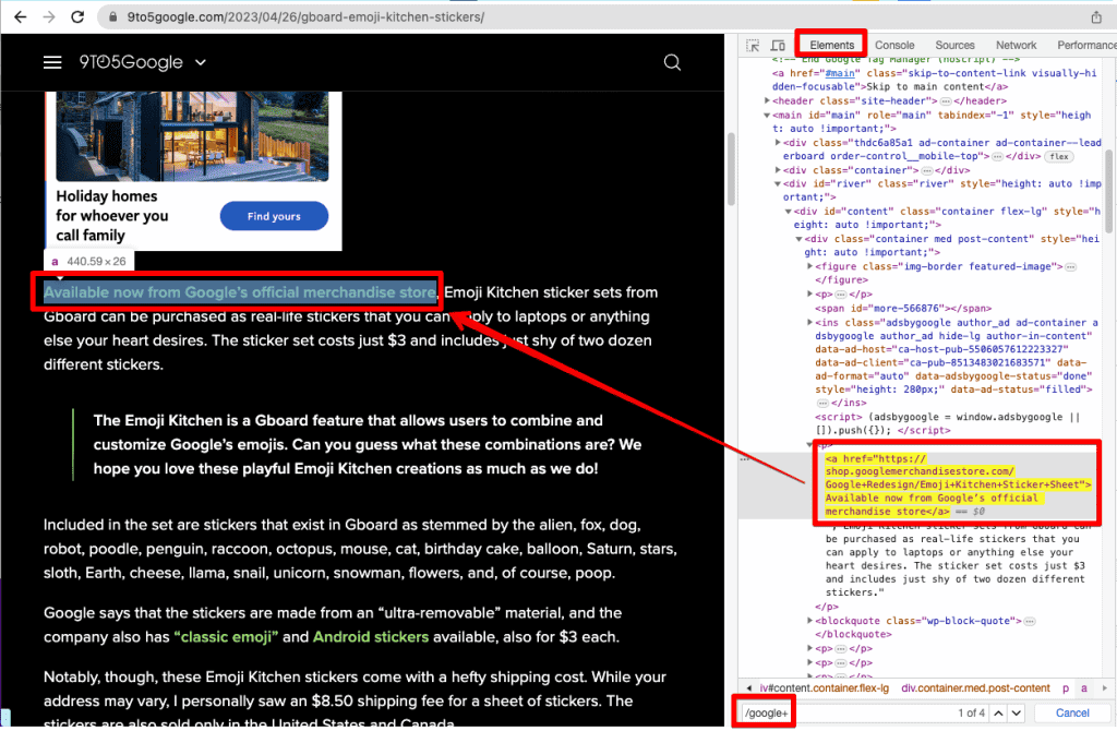 Chrome’s Inspect element to search outbound link