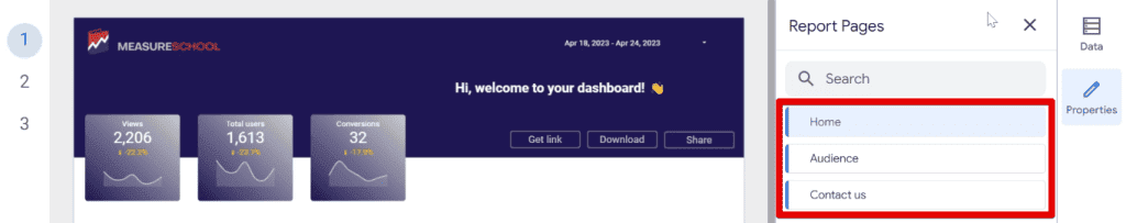 Created pages in the report