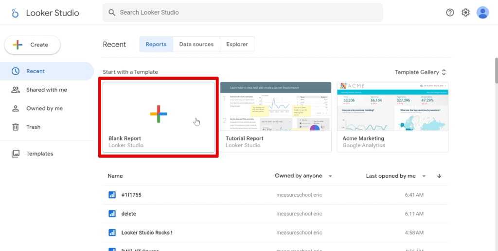 Creating a blank report in Looker Studio