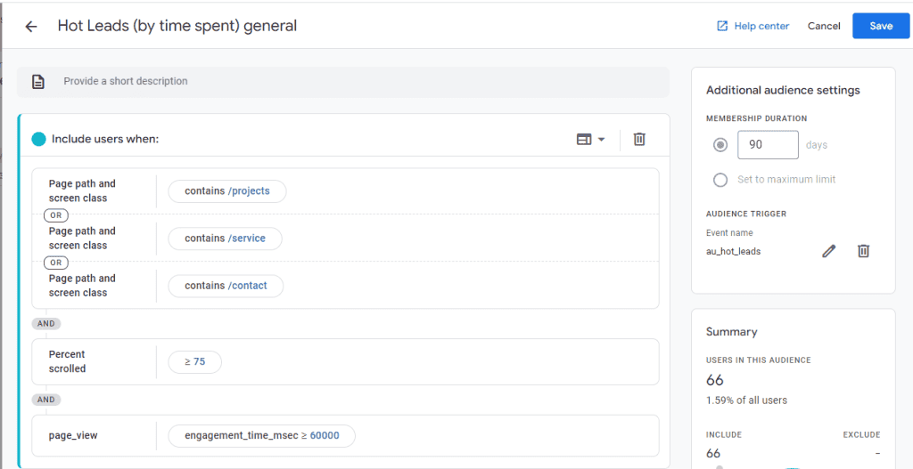 Creating a custom audience in GA4