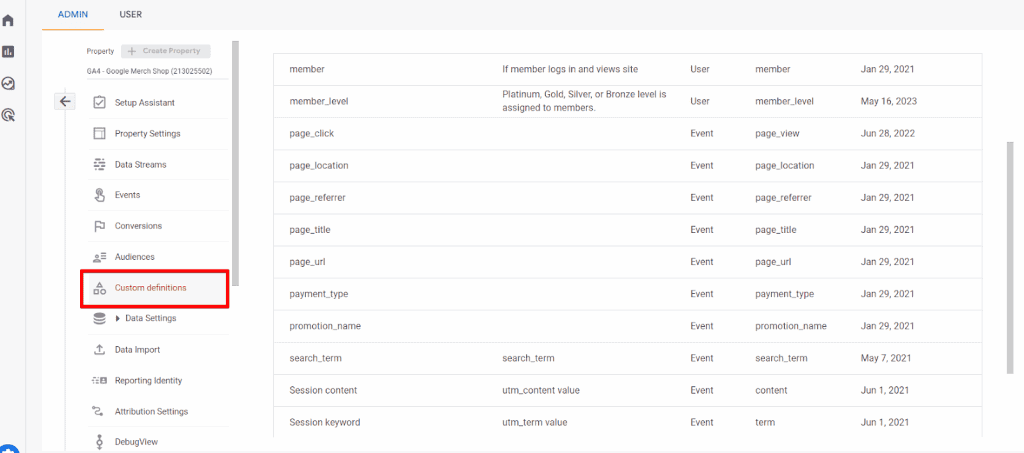 Custom definitions settings