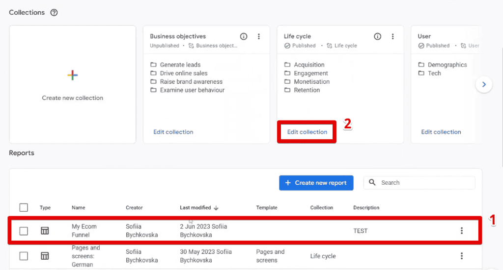 Custom funnel in the reports library and editing the life cycle collection