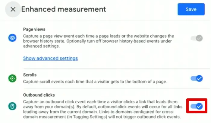 Enabling outbound clicks enhanced measurement event