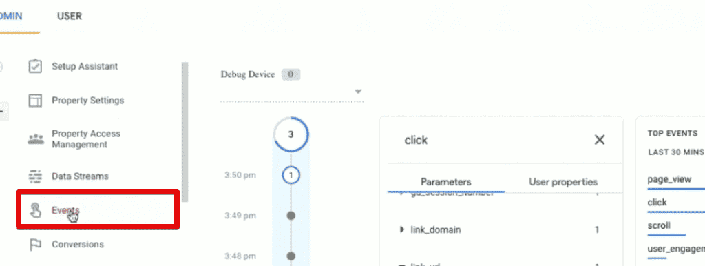 Events section in the admin settings