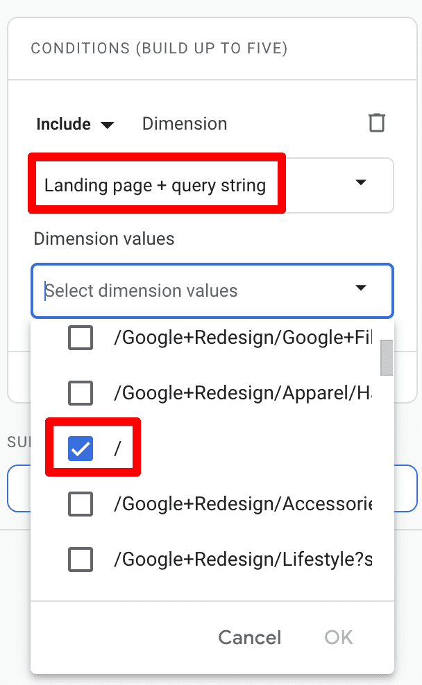 GA4 comparison builder showing available dimension values for landing page