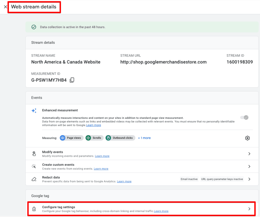 GA4 web stream details with configured tag settings