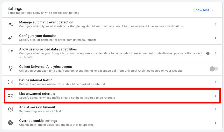 List unwanted referrals settings in GA4