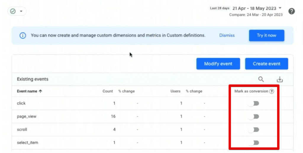 Marking events as a conversion