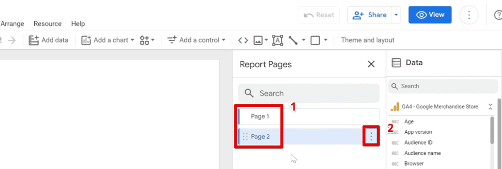 Pages in the report and page settings