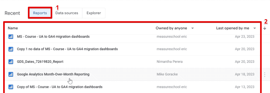 Reports tab on the Looker Studio homepage