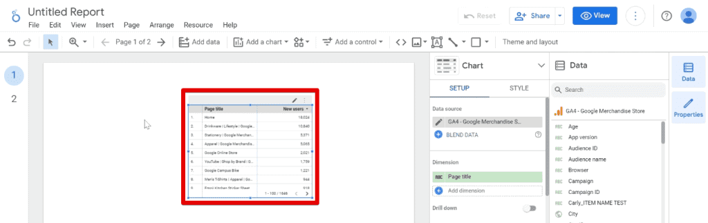 Table created upon connecting to a data source