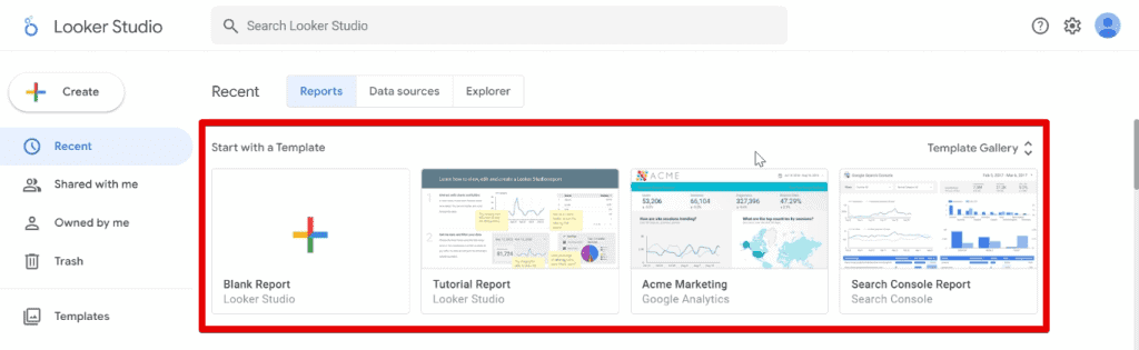Template Gallery on the Looker Studio homepage